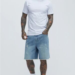 Fashion Nova Men's Distressed Light Blue Denim Shorts
